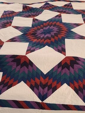 Star Patchwork Quilt - White with Purple, Teal, and Red Accents